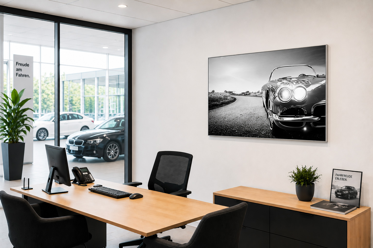 Akustikbild Oldtimer Schwarz-Weiß – Schallabsorption für Büro & Autohaus