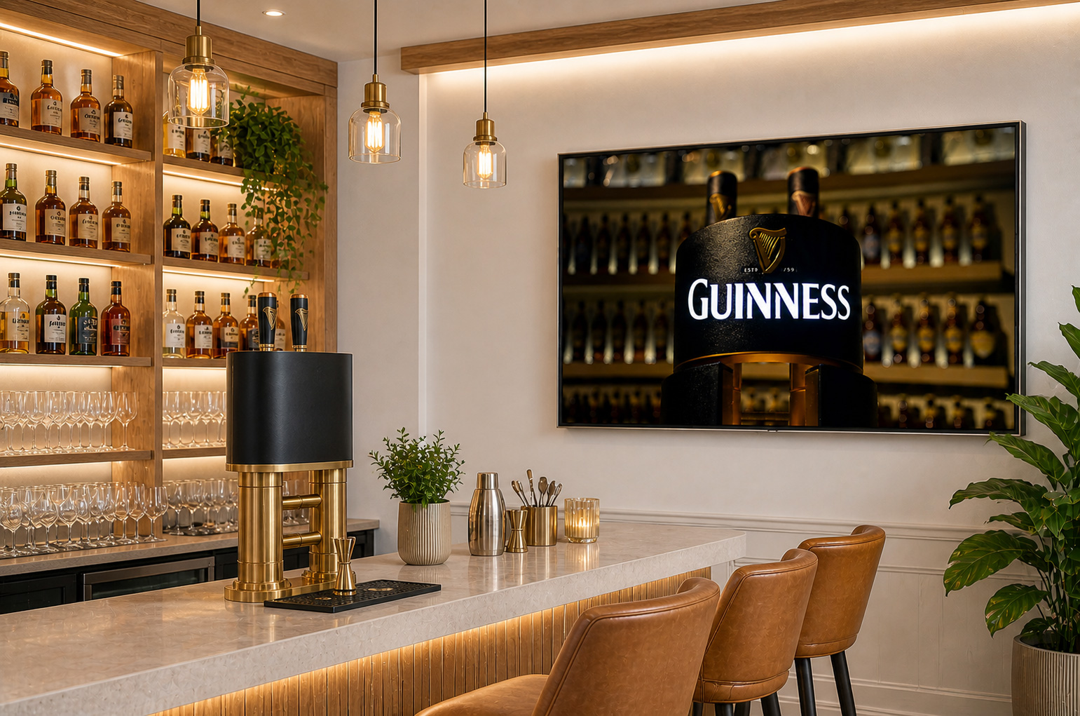 Akustikbild Moderne Hausbar mit Guinness Zapfanlage – Stilvolle Wandgestaltung für Gastronomie & Wohnräume