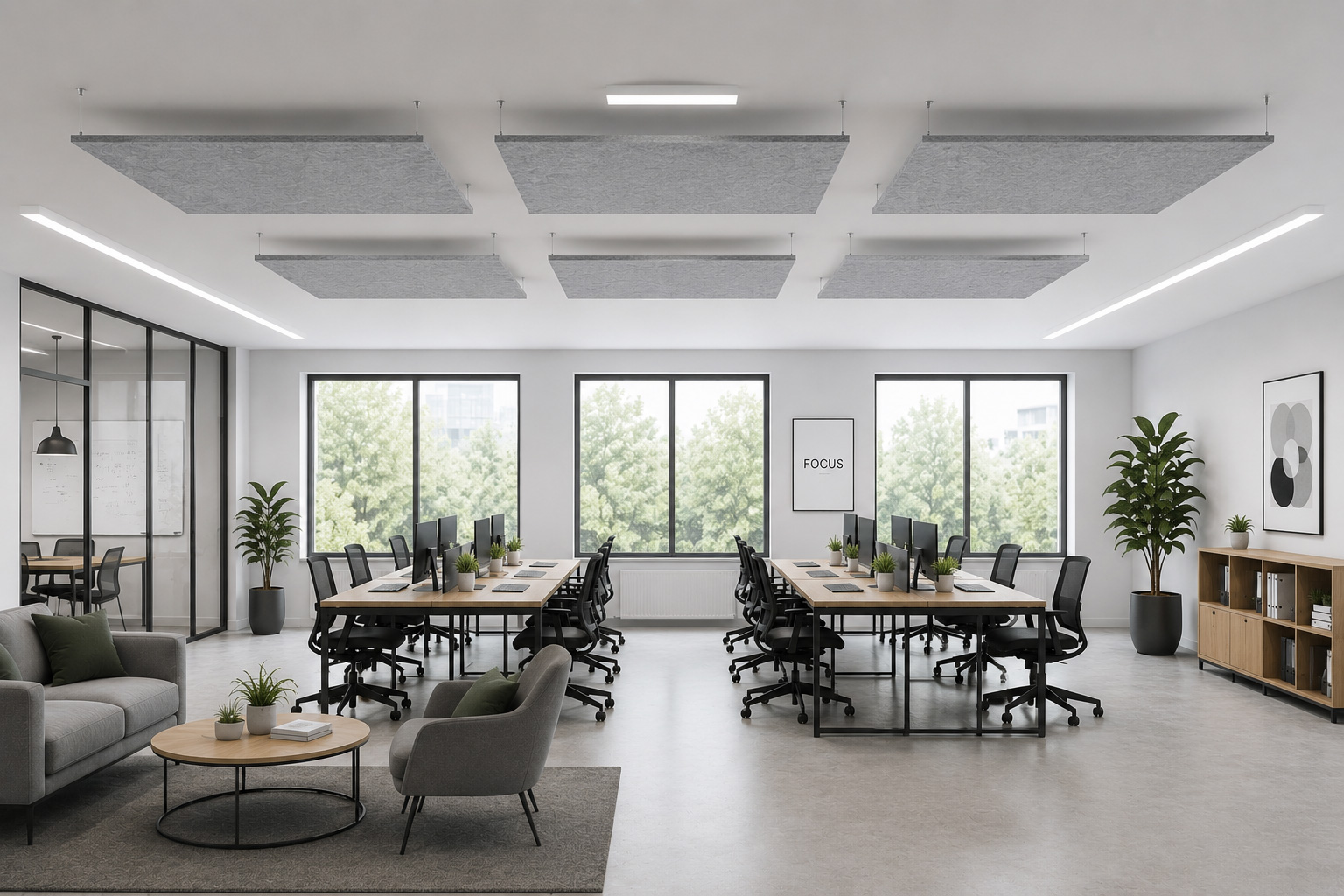 Deckensegel PET für Büros | Nachhaltige Akustiklösung für Open Space
