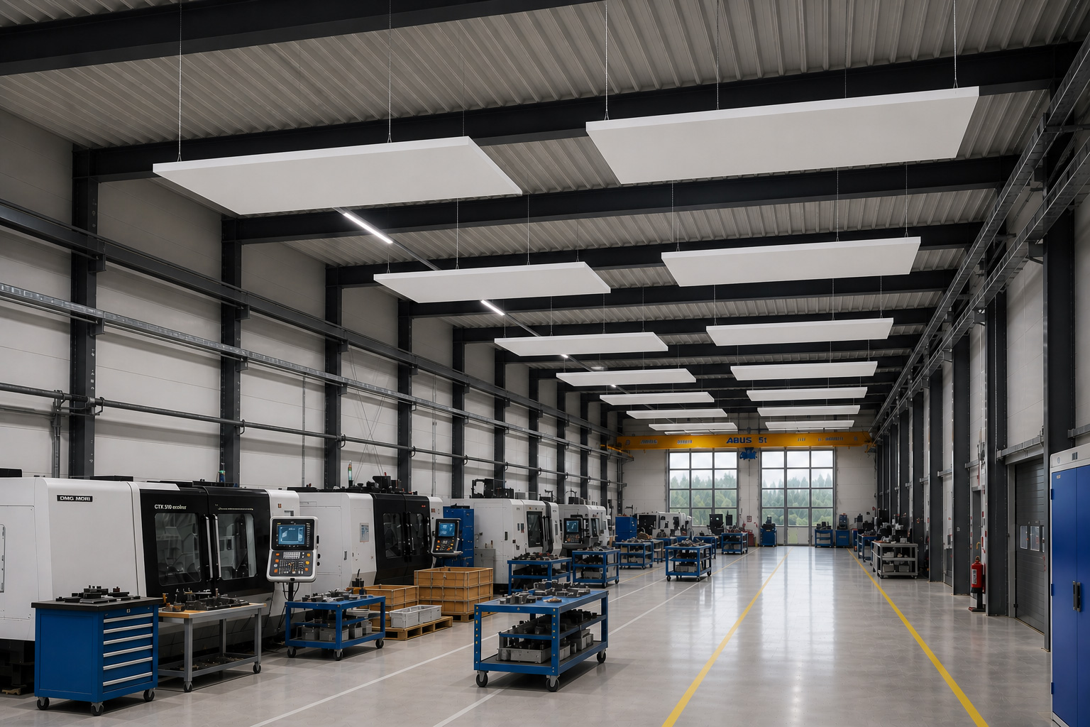 Deckensegel PET für Industriehallen | Akustiklösung für Produktion