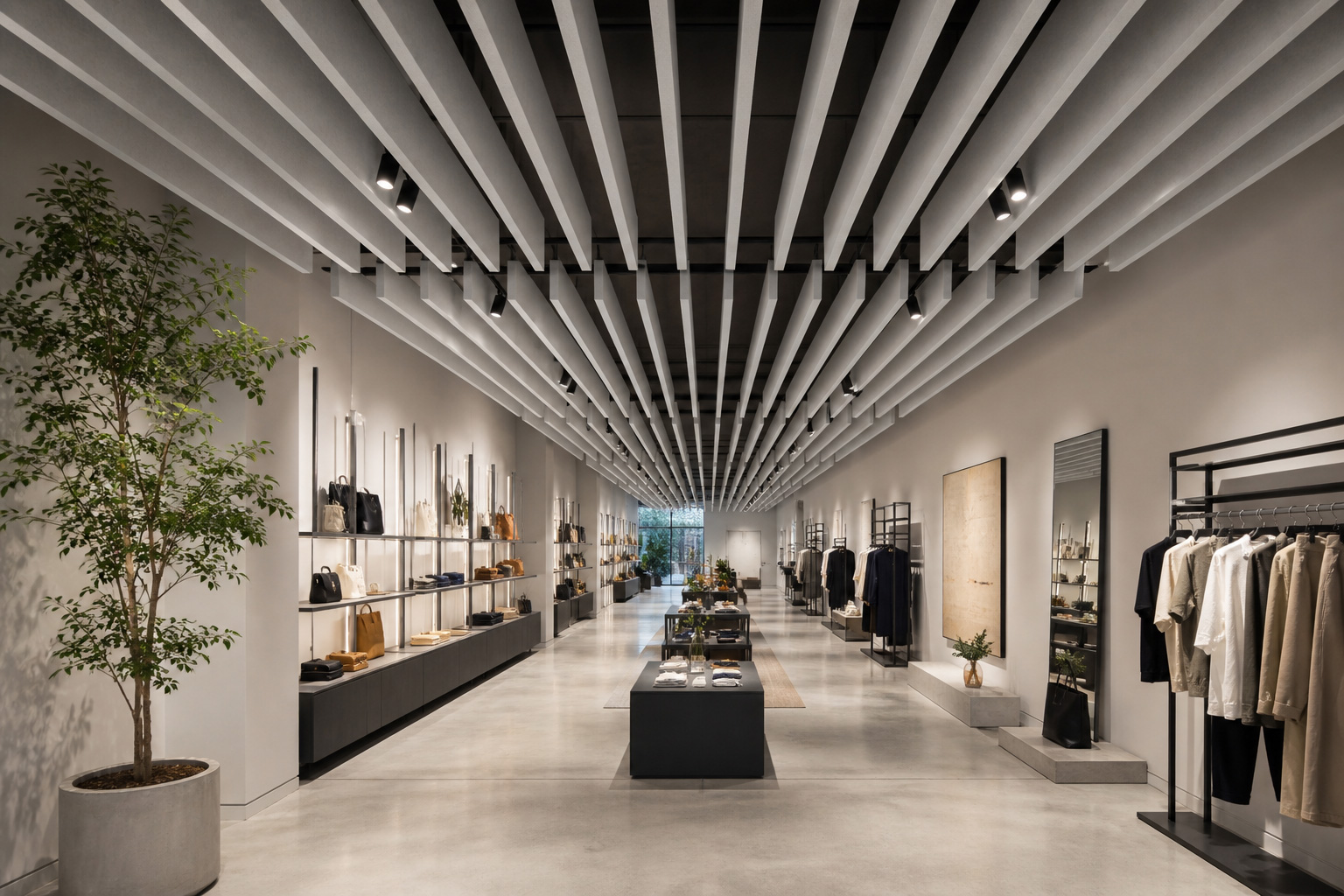 Moderne Baffeldecke im Retail Store – Akustik, Design und Lichtintegration